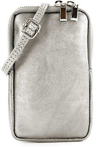 modamoda de T197 Damen Leder Handytasche 6,7 Zoll Umhängetasche handmade in Italy, Farbe:Grau-Metallic