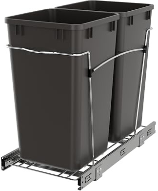 Rev-A-Shelf Pullout Trash Can for Kitchen Cabinets 27 Qt Garbage Waste Recycling Bin with Full Extension Slides, Orion Gray, RV-15KD-13C-S