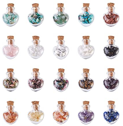 Cheriswelry 20pcs Mini Heart Shape Gemstone Wishing Bottles Gemstone Stone Set for Jewelry Making Home Decoration