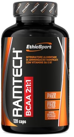 Ramtech BCAA 2:1:1 EthicSport – Aminoacidi ramificati in capsule con Vitamine B6-B1 – 5000 mg BCAA per dose – metabolismo energetico e proteico – Barattolo da 120 cps
