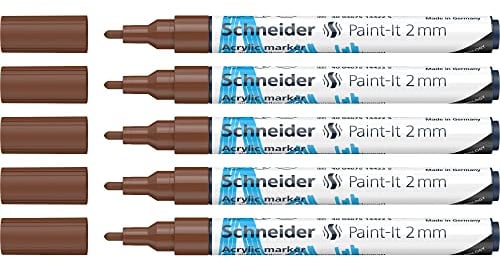 Schneider 120107 Paint-It Acrylstifte (mit 2 mm Rundspitze, hochdeckende Acrylfarben für Holz, Leinwand, Stein uvm.) 5er Pack, braun