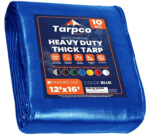 Tarpco Safety telo impermeabile esterno(190 g/m²|12′ X 16′ | 3.65m X 4.85m,BLU) 10 Mil Protective Tarpaulin | Tent Cover | Telo con occhielli Resistente ai raggi, UV, antistrappo.