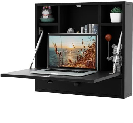 COSTWAY Wall-Mounted Drop-Leaf Table, Space Saving Laptop Computer Desk Workstation, Folding Hanging Table Cabinet with Storage Drawer and Shelves, 60x15x57cm (Black)