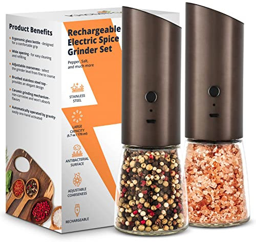 Rechargeable Electric Salt and Pepper Grinder Set, Automatic Gravity Mill with Adjustable Coarseness, Brushed Stainless Steel, Ceramic Blades and Refillable Glass (Bronze grinder - 2 units)