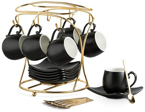 LYEOBOH Juego de 6 tazas de espresso con platillos, tazas de café de porcelana de 3 onzas con soporte de metal y cucharas, tazas de capuchino lindas tazas de demitasse para bebidas de café, latte, té,