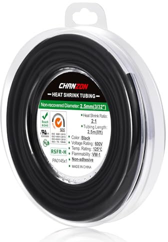 Chanzon 2: 1 Ratio 3/32 (2,5 mm) Gaine thermorétractable Rouleau de 8 pieds (2,5 m de longueur totale) Gaine en polyoléfine noire Rétractable 2 à 1,1 pièces