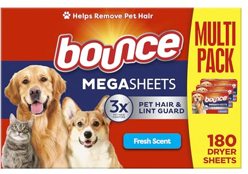 Bounce Pet Hair and Lint Guard Mega Dryer Sheets with 3X Pet Hair Fighters, Fresh Scent, 180 Count