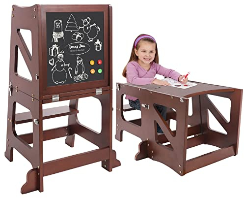 YOLEO Tour d'apprentissage Transformable, Pliable, Tour d'observation pour Enfants Montessori Learning Bois Naturel Kitchen Helper avec Tableau Noir et Blanc,Table et Chaise pour Enfant (Noyer)