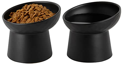 KITCHENLESTAR Ceramic Raised Cat Bowls, Elevated Tilted Cat Food and Water Bowls Set, Porcelain Stress Free Pet Feeder Dish for Cats and Small Dogs, Dishwasher and Microwave Safe, Set of 2(Black)