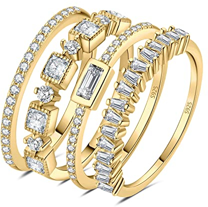 JewelryPalace Vintage Prinzessschliff Zirkonia Band Ring Damen, Hochzeitsringe Silber 925 Trauringe Eheringe für Frauen, Vorsteckring Stapelring Eternity Ring Schmal, Ringe Set Schmuck Vergoldet 57
