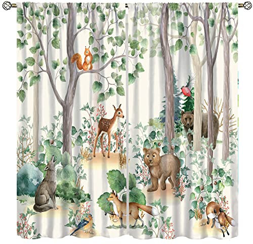Waldtier Kinder Vorhänge, wilder rustikaler Bär, Fuchs, Hirsch, Kinder, Cartoon-Fensterbehandlungen für Wohnzimmer, Aquarell-Verdunkelungsvorhänge, 2 Paneele, 160 x 160 cm