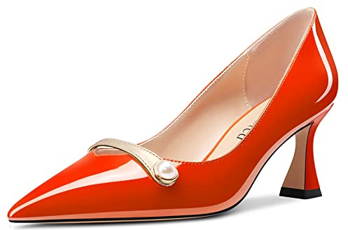 Saekcted Damen Chunky Blockabsatz Mittlerem Absatz Heel Spitze Zehenkappe Pumps Slip-on Perlen Abschlussball Dress 6.5 cm Heels Orange 38 EU