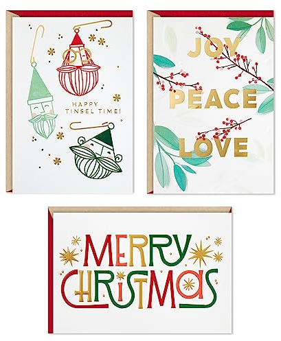 HALLMARK Niedliche Weihnachtskarten (3 Karten: Lametta Time, Joy Peace Love, Rosa, Blaugrün, Gold)