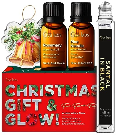 Gya Labs Weihnachtsfest-Geschenk- & Glow-Set & Grußkarte (3er-Set) – Authentische Aromen von Rosmarinöl, ätherischen Kiefernölen & Santal im schwarzen Roll-on – Premium-ätherische Öle zur Entspannung