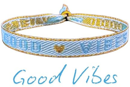 happymaker - Boho Schmuck Damen, Stoffarmband hellblau mit Statement - Good Vibes - für Frauen und Mädchen, wasserfest und handmade, vergoldeter Perle, Freundschaftsarmband