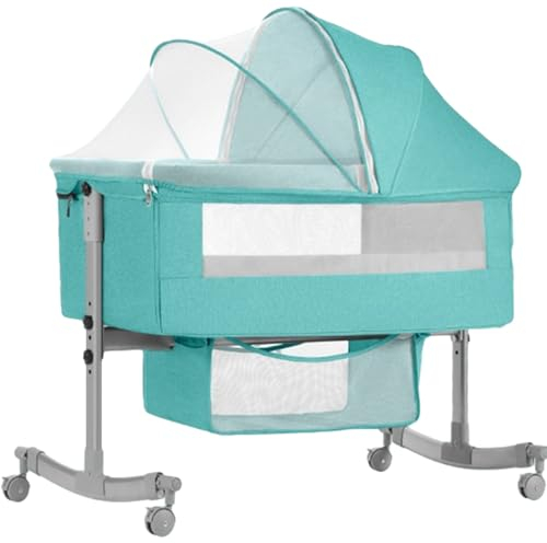 HUHJYUGE Babybetten mit Rollen, Kinderbett mit Matratze, Verstellbarer Stubenwagen Beistellbett, mit Aufbewahrungskorb, Moskitonetz, Zusammenklappbar Tragbar Babybett (C)