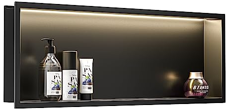 Bernkot Doccia a muro in acciaio inox con striscia LED, 90 cm x 30 cm, impermeabile, non necessita di piastrelle, per il bagno, nicchia, nero opaco