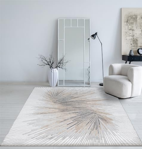 Mia's Teppiche Cielo Moderner Dichter Kurzflor Teppich, Wohnzimmer, Schlafzimmer, Eleganter Glanz, Glanzfaser, Hoch-Tief Effekt, Feder, Grau, 200 x 290 cm