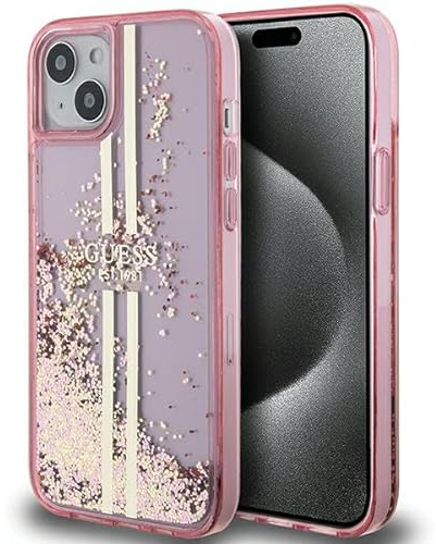 Guess GUHCP15MLFCSEGP Hülle für iPhone 15 Plus / 14 Plus 6.7 Rosa hardcase Liquid Glitter Gold Stripes