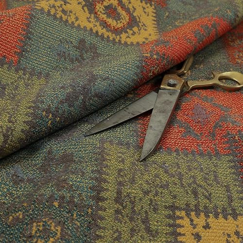 Redbrick Mill Fabrics Flammhemmender Kelim-Patchwork-Chenille-Stoff, grau, rot, blau, grün, gelb, Polster- und Möbelstoff (Meterware)