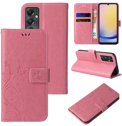 LBH Handy Hülle für Samsung Galaxy A25 5G Case Handytasche Schmetterling Blumen Flower Standfunktion Schutzhülle Magnet Rundum Schutz 360 Grad Flipcase Cover Rosegold