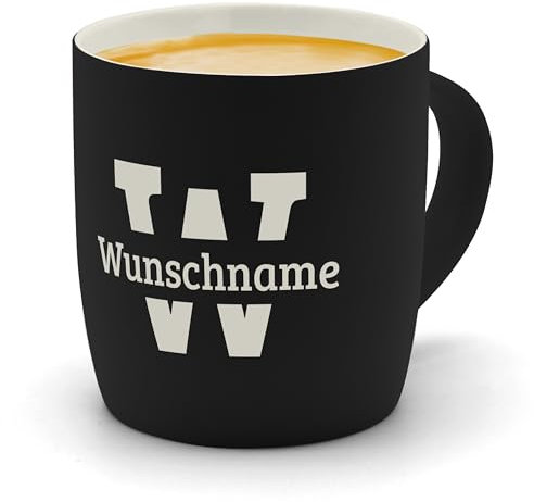 printplanet - Kaffeebecher mit eigenem Text graviert - SoftTouch Tasse mit Wunschtext - Matt-gummierte Oberfläche - Farbe Schwarz - Motiv: Letter