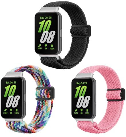 SMYAOSI Nylon Bracelet pour Samsung Galaxy Fit 3 SM-R390, Réglable Sport Elastique Nylon Magnétiques Tressé Remplacement Bracelets pour Galaxy Fit 3 SM-R390 (Noir+Arc-En-Ciel+Rose)