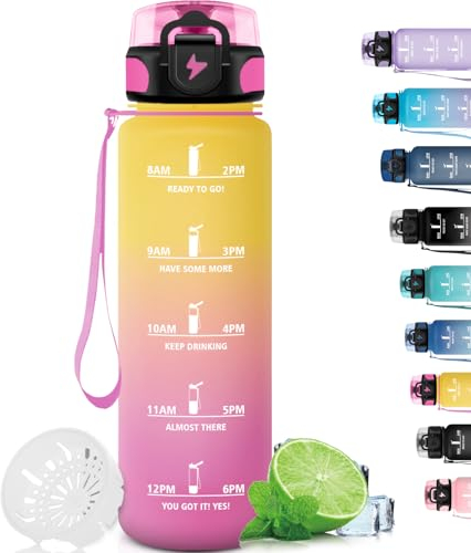 Grsta Botella Agua, Botella Agua Gimnasio con Filtro, Botella Agua 1 Litro a Prueba de Fugas, Botella Agua Reutilizable para Hombres y Mujeres, Cantimplora para Senderismo, Yoga, Correr, Amarillo-Rosa
