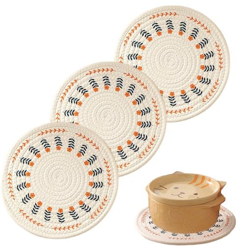 GYHWOFUL 3 Stück Topfuntersetzer Set, Boho Baumwolle Faden Weben Matte, Waschbar Hitzebeständig, Runde Untersetzer Topf, Heißer Topf Halter, Topflappen für Küche Grillen, Kochen