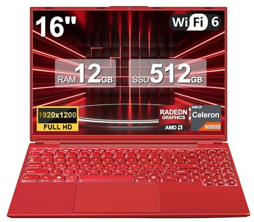 NOTODD - Ordenador portátil de 16 pulgadas, 4 núcleos Win11 Celeron N5095 (hasta 2,9 GHz) 12+512GB SSD Soporte de extensión 1TB,PC portátil con 5G WiFi 1920x1200 BT4.2 Ratón inalámbrico y teclado