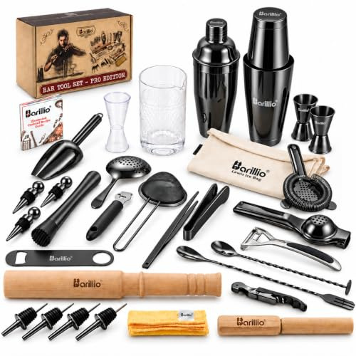 Barillio Bar-Werkzeug-Set Pro Edition – schwarzes Cocktail-Shaker-Set aus Edelstahl – Mixology Barkeeper-Set mit Boston Shaker, Getränkemixer und Stößel für Cocktails – Home Bar Zubehör – 32-teiliges