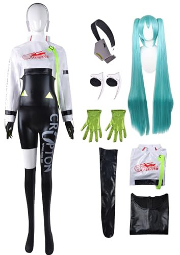 bi bi hou Miku Cosplay Kostüm Set mit Perücke Kopfhörer Anime H'atsune Miku Verkleidung Rennfahrer Uniform Weihnachten Halloween Karneval Party Bühnenauftritt Kostüm Erwachsene
