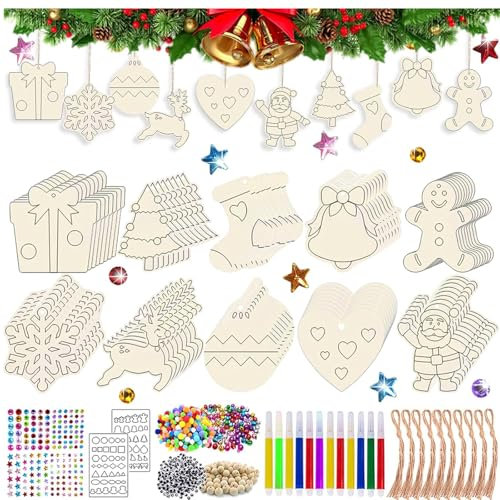 Volumoon 376 Pcs 10 Estilos Colgantes de Madera para Navidad,Adornos Arbol de Navidad de Madera,Ornamentos de Navidad,Adornos Navidad Madera Rodajas de Madera para Pintar,Decoracion Arbol Navidad