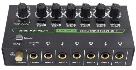 Mixer a 6 Canali - Mixer Audio Stereo Mini 6, Basso Rumore per Sub-mixing di Precisione, Mixer di Linea Stereo Ideale per Microfoni, Chitarre, Bassi, Palco, Porta da 6,35 Mm