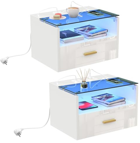 CHOWGOLI Table de Chevet Suspendue Murale Lot de 2 Avec Bande LED, Connectée Avec 2 Prises et 2 Ports USB, Tiroir, 42x30x24,5 cm, Blanc