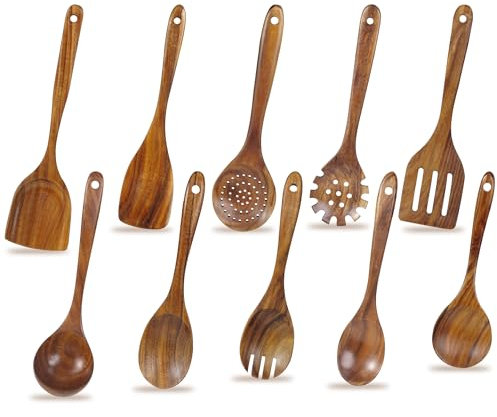 FJNATINH 10 PCS Wooden Spoons for Cooking - Teak Wooden Kitchen Utensil Set - Cooking Mixing Baking - Non-stick Healthy Kitchen Cookware Gifts for Women Housewarming Gifts