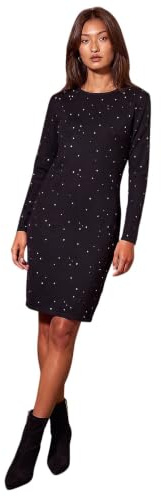 Roman Originals Hotfix Embellished Knitted Dress for Women UK - Ladies Everyday Autumn Winter Round Neckline Comfy Soft Evening Vacation Work Party Night Out - Sparkly Black - Size 12