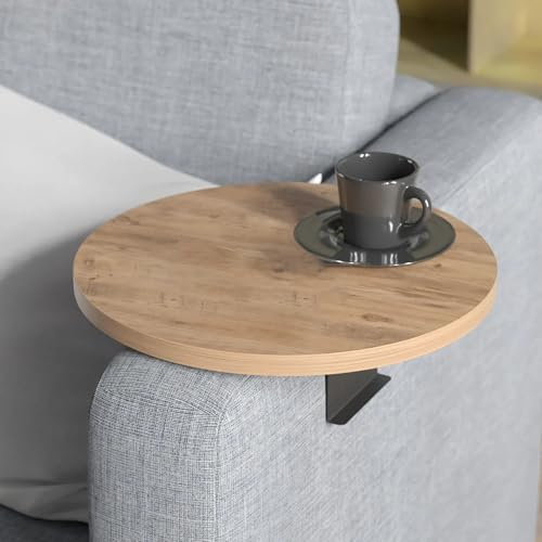 Tubibu Couch-Tablett für Armlehnen, Verstellbares Sofa-Tablett mit Getränkehalter, Spezielles Design mit Praktischer Metallhalterung, Ablage für Sitzgarnitur, Durchmesser ⌀ 35 cm (1, Brown)