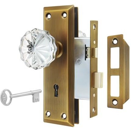 newliplace Mortise Lock Set for Interior Door, Antique Brass Door Knobs with Lock and Skeleton Key, Crystal Glass Door Knobs for Old Style Door