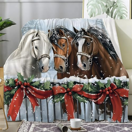 Weihnachtsdecke - Kuscheldecke Flauschig Weihnachts Pferd, Decke Fleecedecke Weihnachtsschleife, Weiche Warme Decke Wohndecke als Sofadecke Wolldecke Couchdecke Tagesdecke, XXL 220x240 cm Y-964