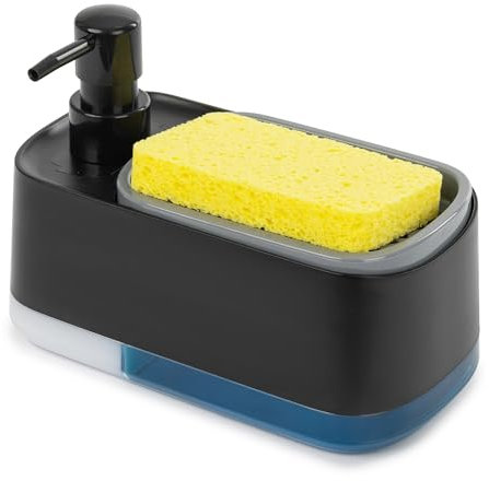 Fineway 2-in-1 Dishwashing Liquid and Soap Dispenser with Sponge Holder -Dual-Compartment Design, Non-Slip Feet, Transparent Base for Liquid Levels, Durable ABS Plastic & 304 Stainless Steel (Black)