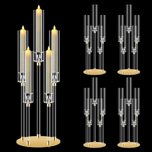 4 Sets 5 Arms Acrylic Candelabra Centerpieces, MSDADA 68 cm Tall Clear Candle Holder, Christmas Centerpieces for Tables, Candlesticks Holder for Wedding Fireplace Party Decor Fit 0.82'' LED Candle