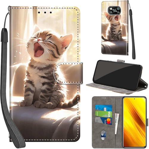Handyhülle für Xiaomi Poco X3 / X3 Pro Klapphülle Leder Wallet Katze | 3 Kartenfächer & 1 Geldfach, Magnetverschluss, Ständerfunktion, robuste premium PU leder klapphülle für Xiaomi Poco X3