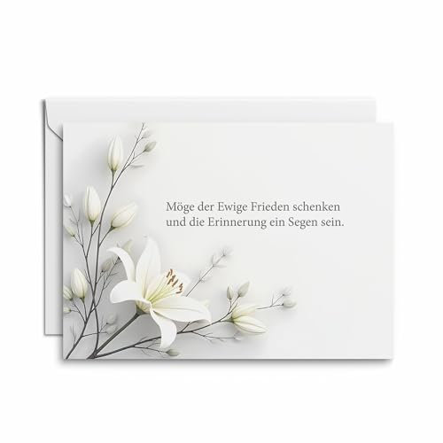Trauerkarte 1 Stück – Möge der Ewige Frieden schenken, florales Motiv mit weißen Lilien, Umschlag und schlichtem weißen Einleger, einfühlsame Beerdigungskarte, für Hinterbliebene geeignet.