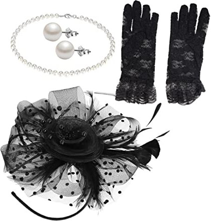 VANZACK Vintage Fascinator Hut Mit Netz Elegante Kopfbedeckung Für Partys Inklusive Kurzer Spitzenhandschuhe Und Perlenkette Für Hochzeiten Und Tee Partys