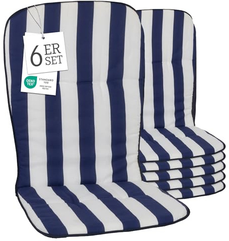 Beo Hochlehner Auflagen 6er Set Waschbar Kos | Made in EU nach Öko-Tex Standard | Atmungsaktive Gartenstuhlauflagen Hochlehner | UV-beständige Auflagen Hochlehner mit Streifen Blau Weiß