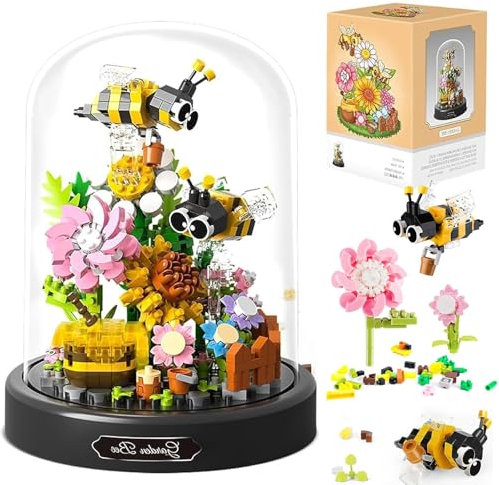Hhaoysogd Biene Blumen Micro Mini Baustein Set, 588 Teile Blumenstrauß Baustein Set mit Staubdichte Kuppel und Sockel, DIY Insektenblumen Künstliche Blumen Bausteine für Kinder ab 6 Jahren Erwachsene