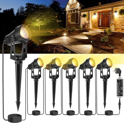 HUAEU LED Gartenbeleuchtung mit Strom,20M 6-in-1 Bodenstrahler, 3000K Warmweiß, 12V IP65, Gartenstrahler LED Außen Wasserdicht, mit Stecker für Draußen,Terrasse, Gartenweg,Bäume, Rasen, Erdspieß