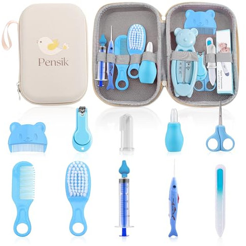 Pensik- Trousse de Soin Bébé Garçon complète - Kit Naissance Puériculture - 12 Accessoires Essentiels dont thermomètre de bain, thermomètre digital - Voyages et Maison- Idéal pour un cadeau (BLEU)