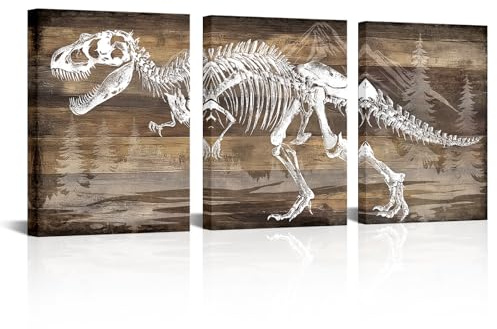 Canvbay 3-teiliges Dinosaurier-Skelett-Leinwandbild für Jungenzimmer, T-Rex-Bild, Druck, Dino, Bergwald, Landschaft, Kunstwerk, Kinderzimmer, Dekoration, 30,5 x 40,6 x 3 Stück